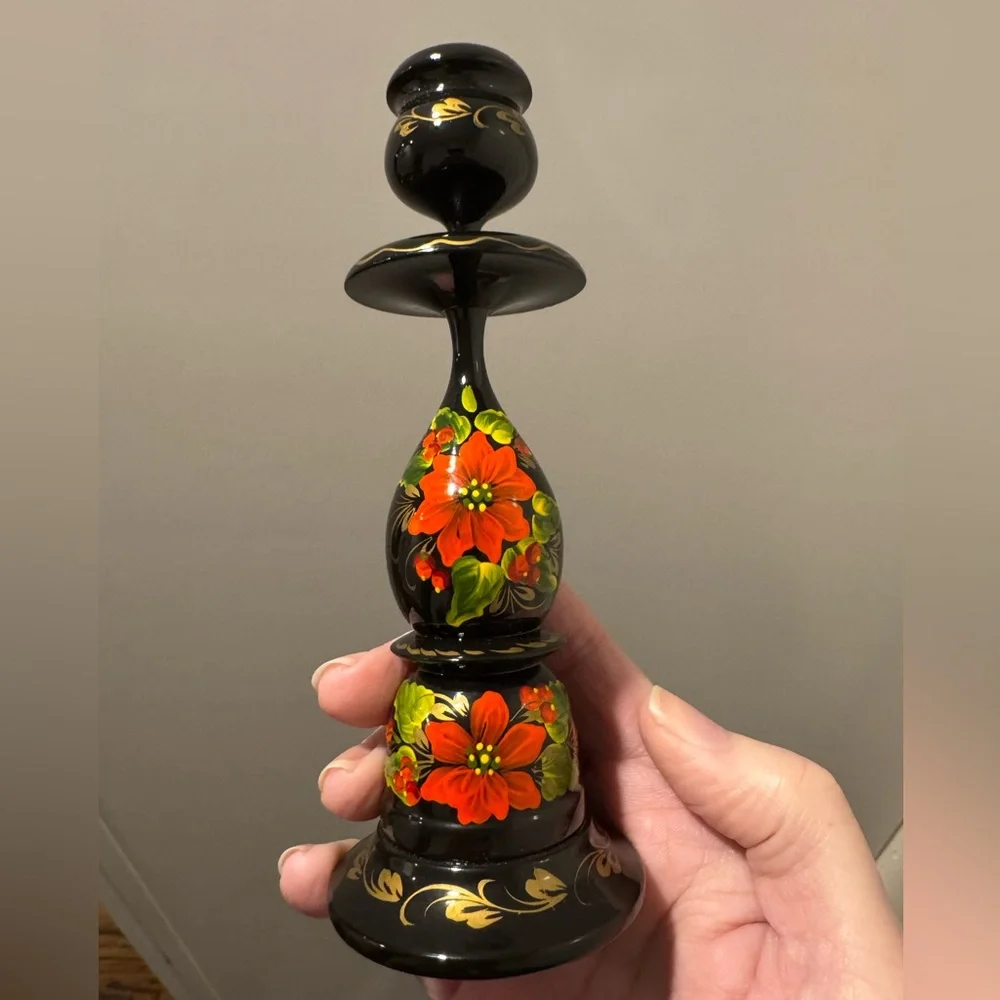 Ukrainian Hand Painted Signed Floral Candlestick Holder Vintage